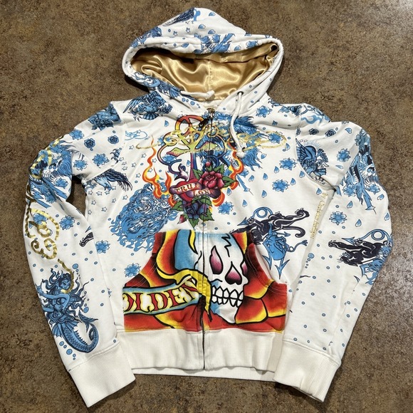 Ed Hardy Tops - Y2k Vintage Ed Hardy By Christian Audigier Hoodie Women's Small AOP Rare